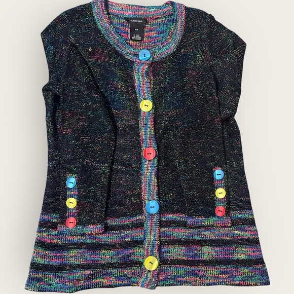 Allison Sheri Artsy Black W/ Rainbow Colorful button up cardigan acrylic vibrant - Picture 1 of 14